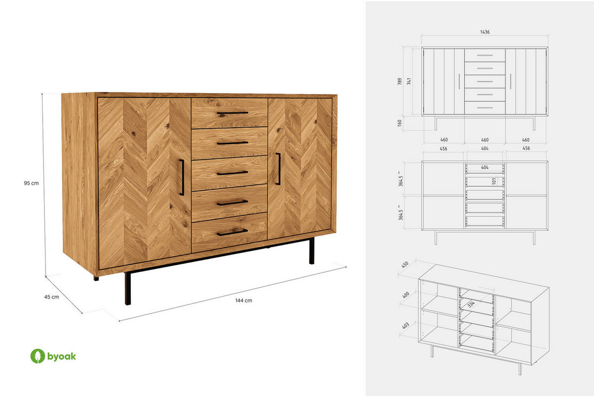 KOMMODE BREIT LEON Wildeiche - Wildeiche, Holz (144/95/45cm) - byoak