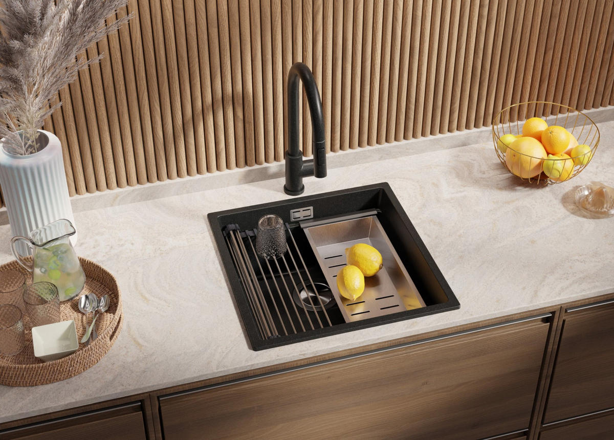 SPÜLBECKEN Praga Slim, 2-er set Anthrazit 46/47 cm 1 Becken + Ablauf-Set + Aufrollbare Abtropffläche ab 50er Unterschrank - Chromfarben/Anthrazit, Kunststoff (46/20/47cm) - Primagran
