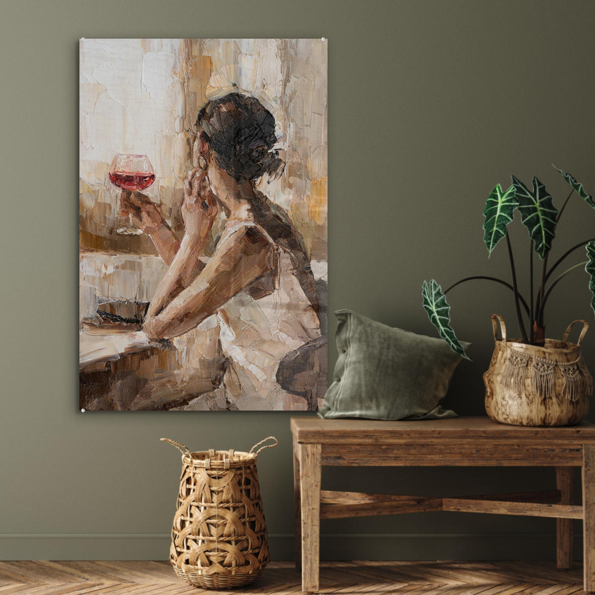 ACRYLGLASBILD Ölgemälde - Frau - Wein 60x90 cm - Hellbraun, Glas (60/90cm) - MuchoWow