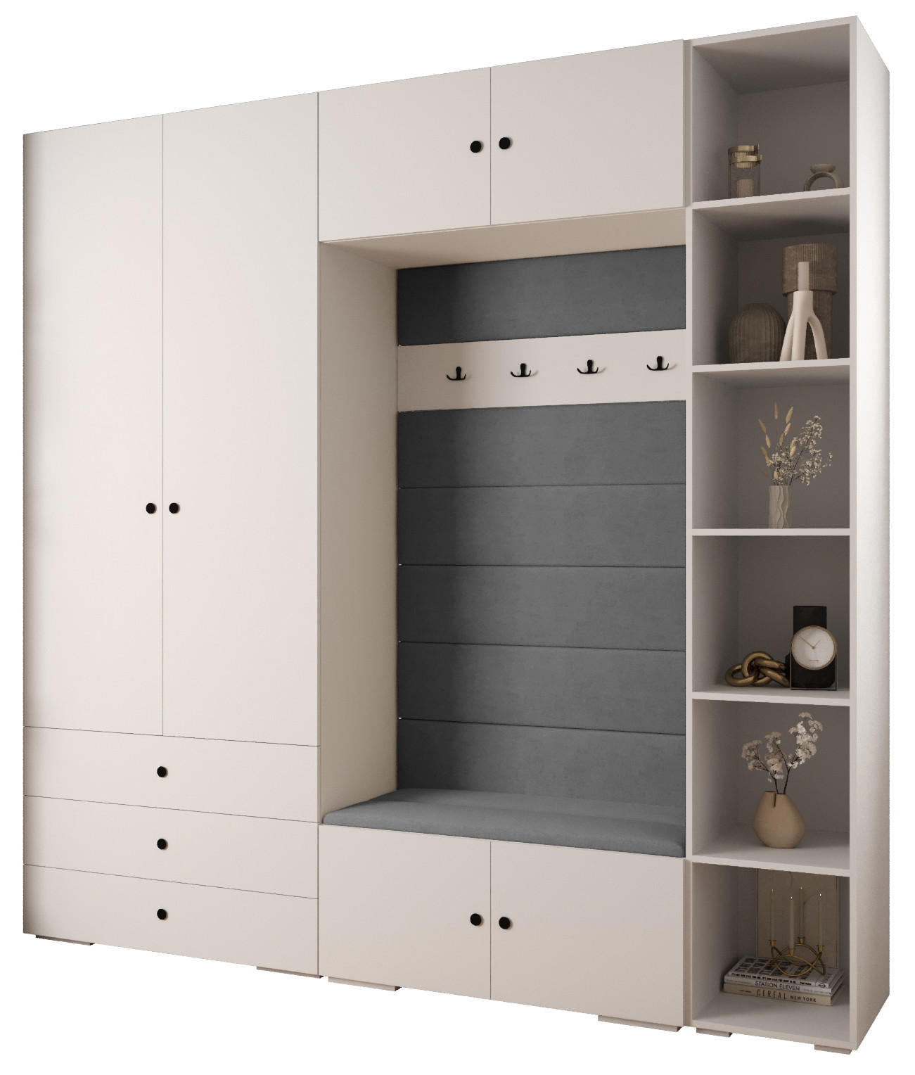 Abiks Möbel Garderoben-Set Weiß, Grau, Schwarz 240x236.7x47 cm