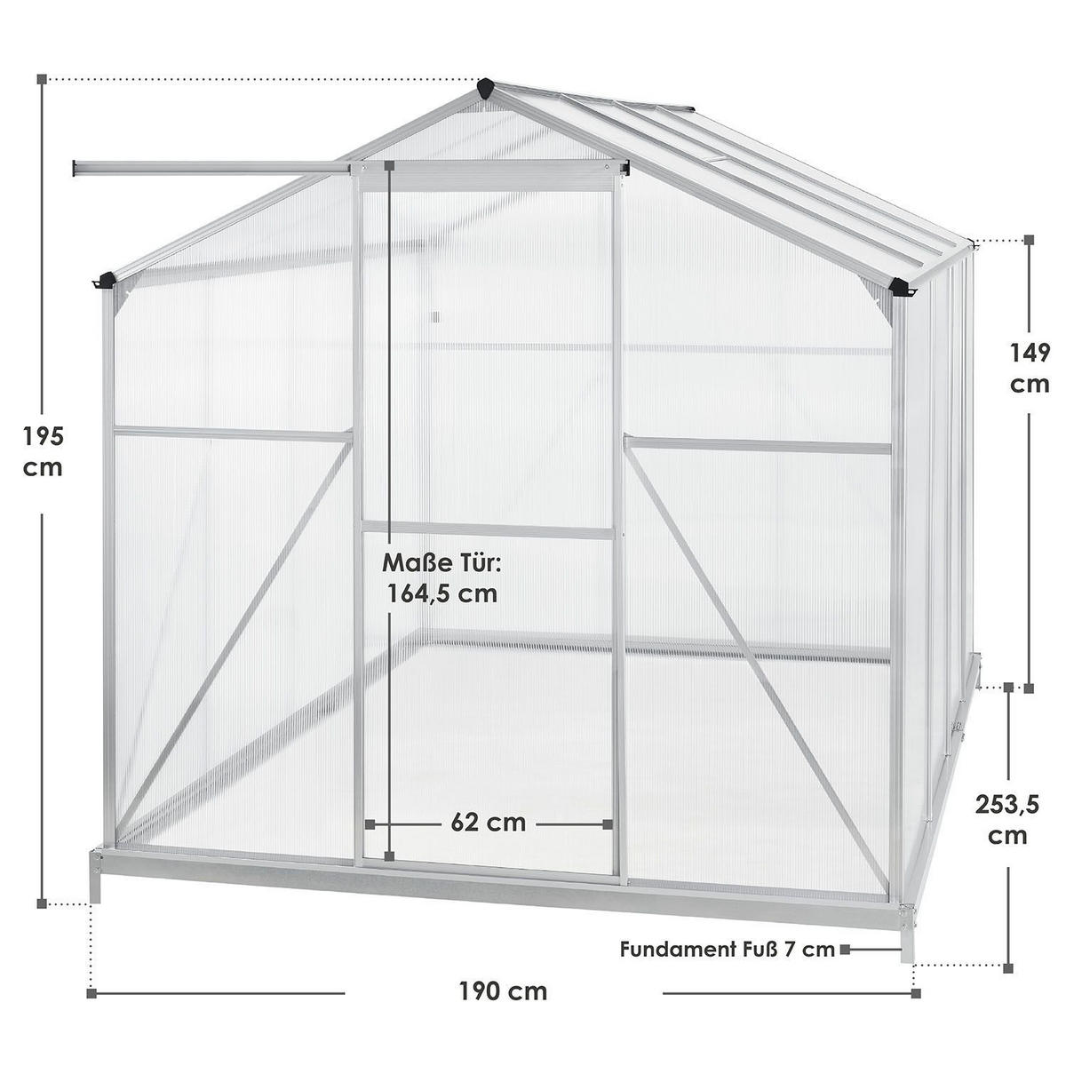 GEWÄCHSHAUS GH250F1 Aluminium 4,75m² - Silberfarben, Metall (190/195/253cm) - Juskys