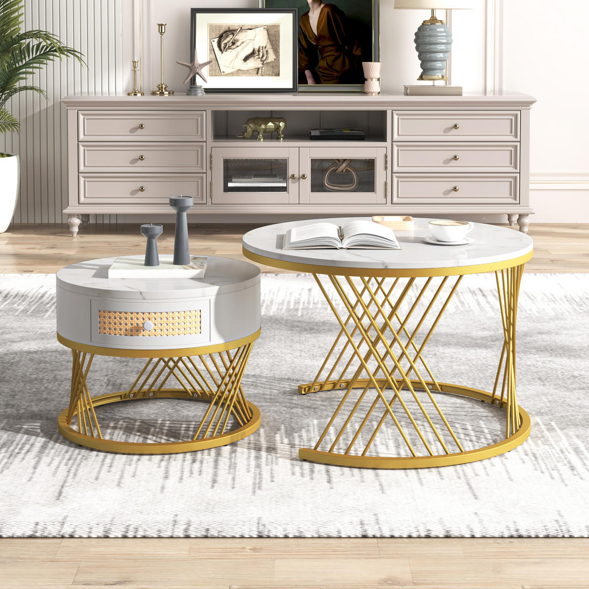 COUCHTISCH 2er Set Rattan Marmoroptik - Weiß, Holz (70/70/45.5cm) - Fortuna Lai