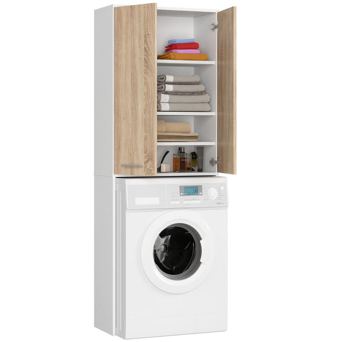 WASCHMASCHINENSCHRANK FIN Weiß, Sonoma Eiche 30x64x180 cm - Silberfarben/Weiß, Holzwerkstoff/Kunststoff (64/180/30cm) - Akord