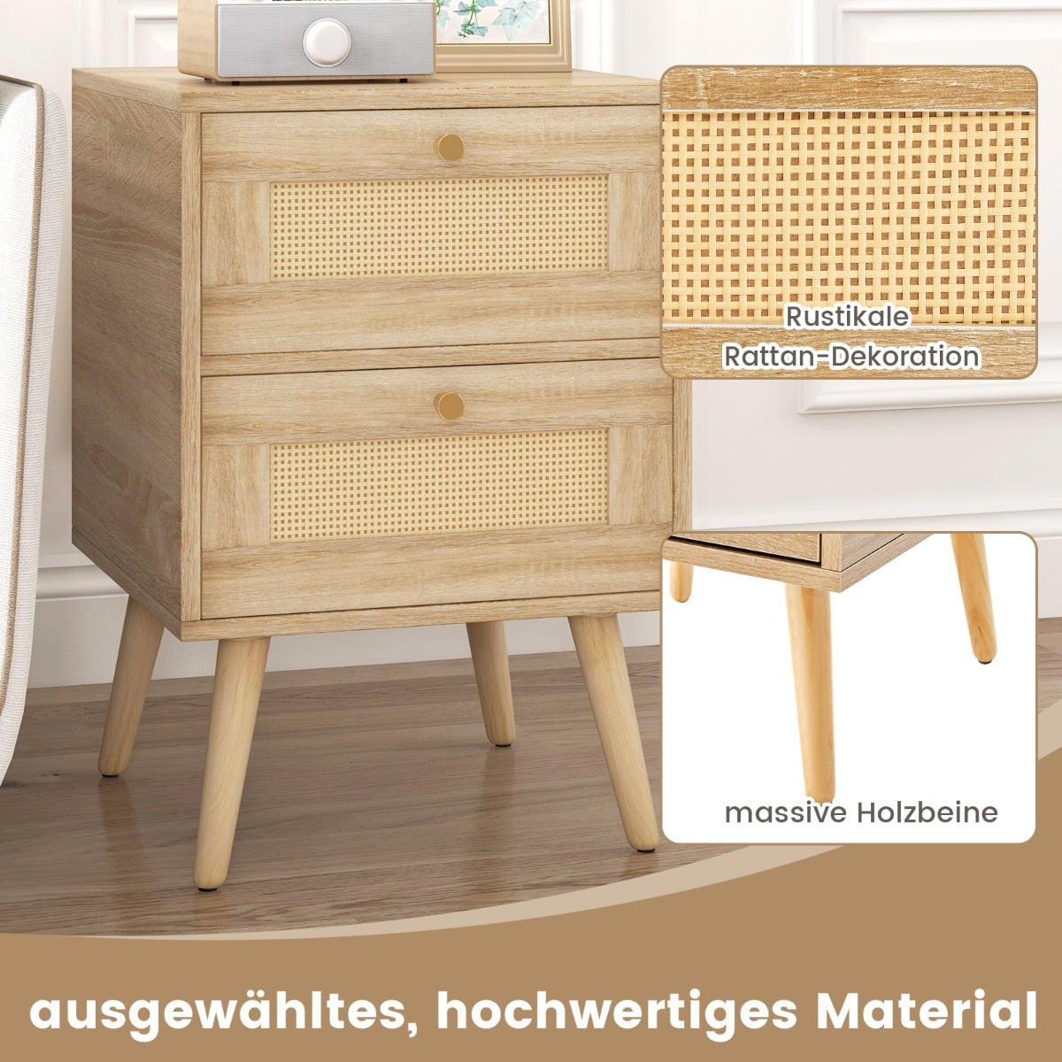 NACHTTISCHE im Boho-Stil, 2 Schubladen, Massivholzbeine - Goldfarben/Naturfarben, Holzwerkstoff/Metall (40/59/40cm) - DESIGN IN