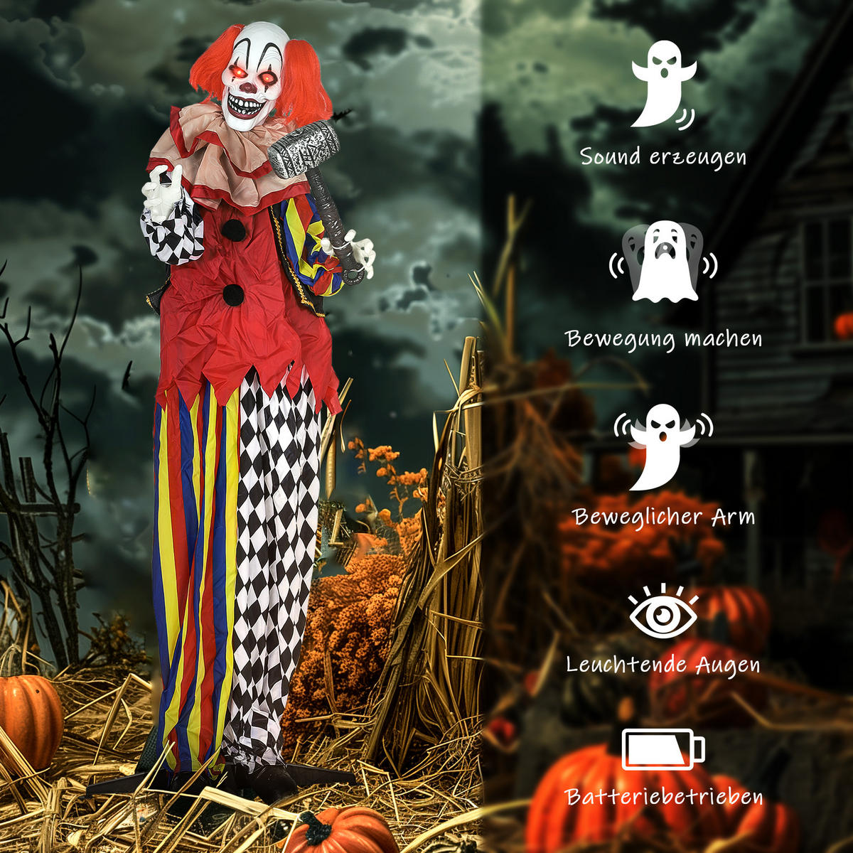 HALLOWEEN-DEKORATION Clown 173 cm mit leuchtenden Augen sprachgesteuert - Multicolor, Metall (18/173/90cm) - Outsunny