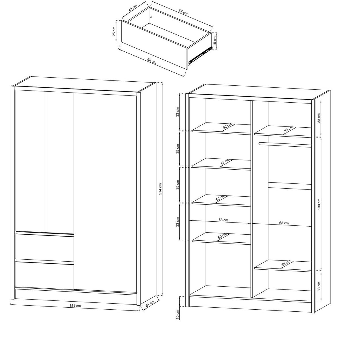 SCHWEBETÜRENSCHRANK SABRINA 134/214/62 cm 3-türig mit Spiegel Weiß - Eiche Artisan/Weiß, Holzwerkstoff (134/214/62cm) - MASSENO