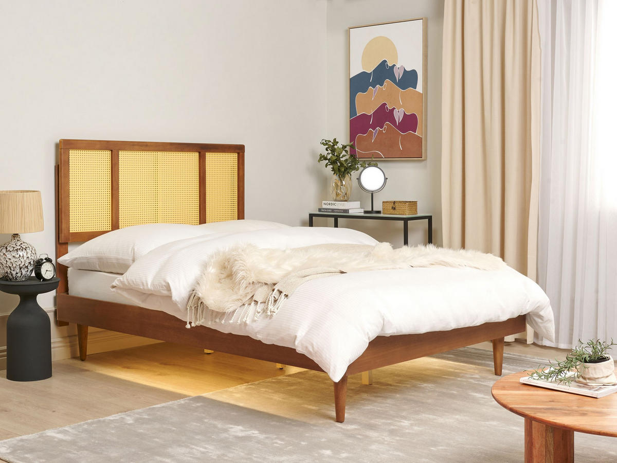 POSTEL s LED 140/200 cm Kaučukovníkové dřevo Hnědá Auray - hnědá, dřevo (140/200cm) - Beliani