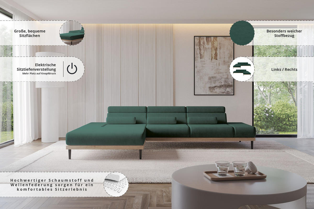 ELEKTRISCHES ECKSOFA Links MONA 316x205x85 Grün Velours - Dunkelgrün/Grün, Holzwerkstoff/Textil (316/205cm) - ALTDECOR