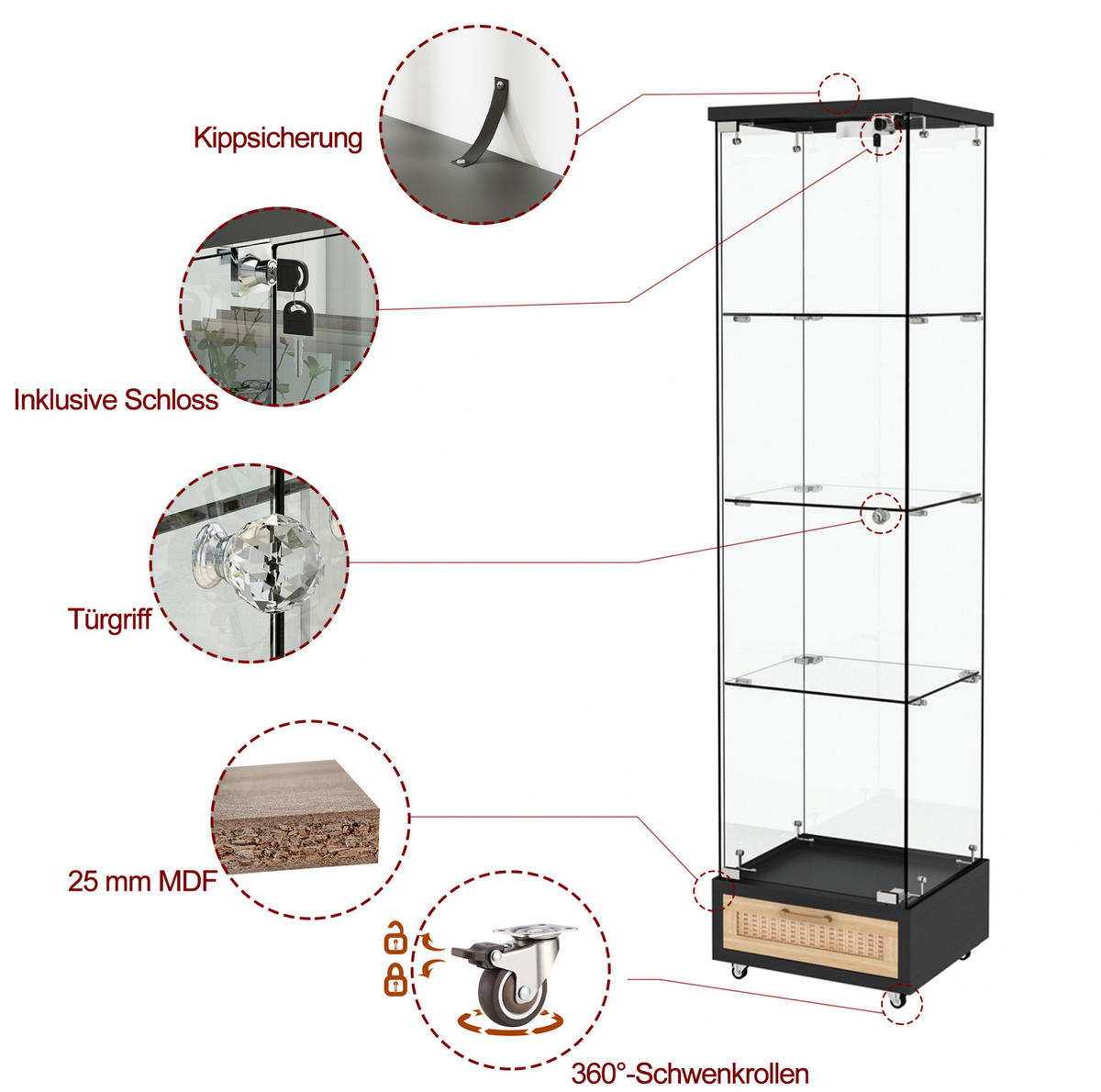 VITRINE 42,5/36,5/167 cm in Schwarz mit LED-Beleuchtung und Rollen - Schwarz, Holzwerkstoff (42.5/167/36.5cm) - Flora Grace