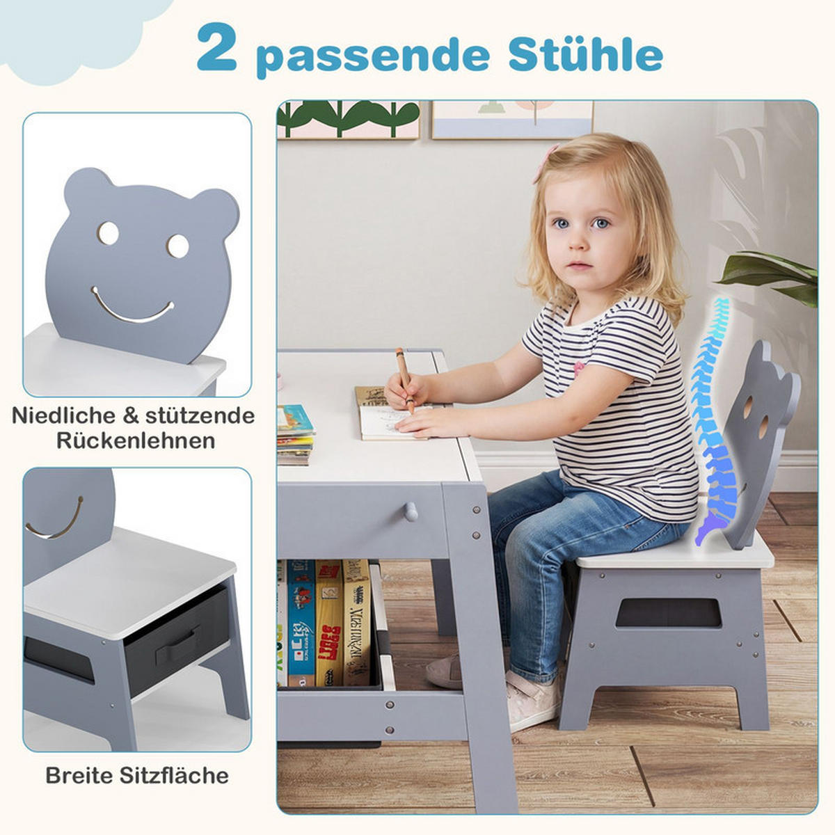KINDERTISCH mit stuhl grau(3-tlg) - Grau, Holzwerkstoff (70/45/60.5cm) - COSTWAY