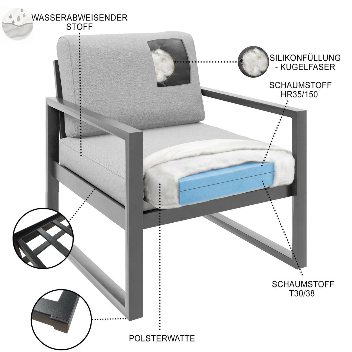 LOUNGESESSEL Stella mit Metallrahmen, 76 cm, Hellgrau - Hellgrau/Schwarz, Metall (76/86/80cm) - Beautysofa