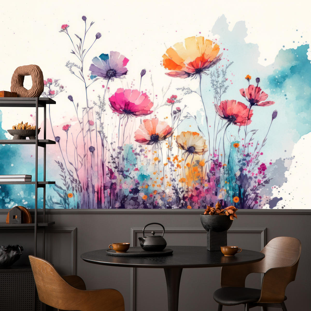 FOTOTAPETE für Schlafzimmer Abstrakte Bunte Wiesenblumen Aquarell 250x175 - Türkis/Rot, Papier (250/175cm) - Muralo