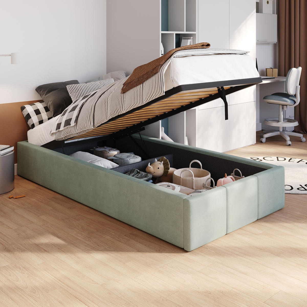 POLSTERBETT für Schlafzimmer Bett mit Stauraum Mint 90x200cm - Mintgrün, Holzwerkstoff/Textil (90/200cm) - Muralo