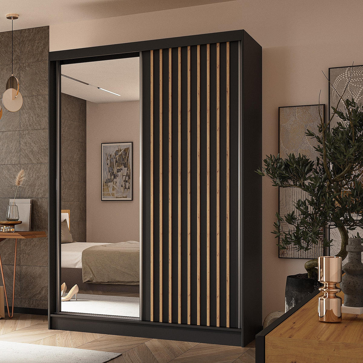 SCHWEBETÜRENSCHRANK LAMELLO 150/216/61 cm 2-türig mit Spiegel Schwarz - Schwarz, Holzwerkstoff (150/216/61cm) - MASSENO