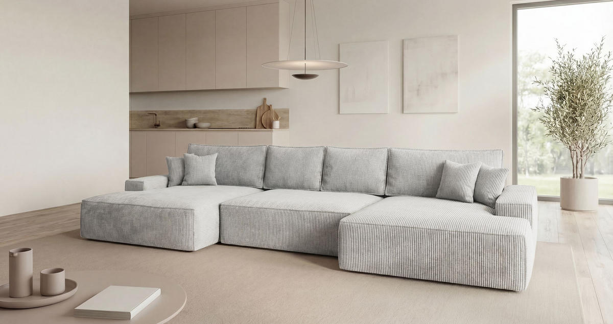 SEDACÍ souprava VERONA tvar U šedá manšestr Poso 55 - funkce spaní, úložný prostor - šedá, textil (385/86/185cm) - Cornero