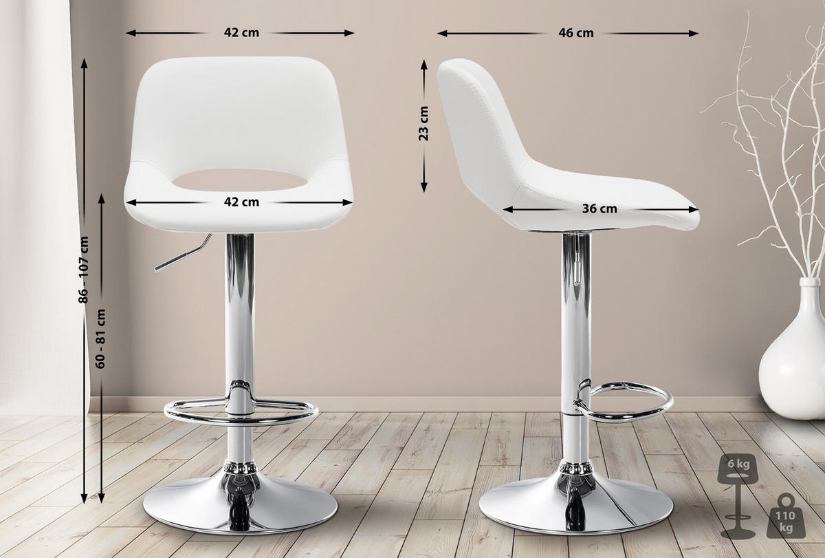 BARHOCKER Campus Kunstleder chrom weiß - Chromfarben/Weiß, Kunststoff/Metall (42/107/46cm) - TPFLiving