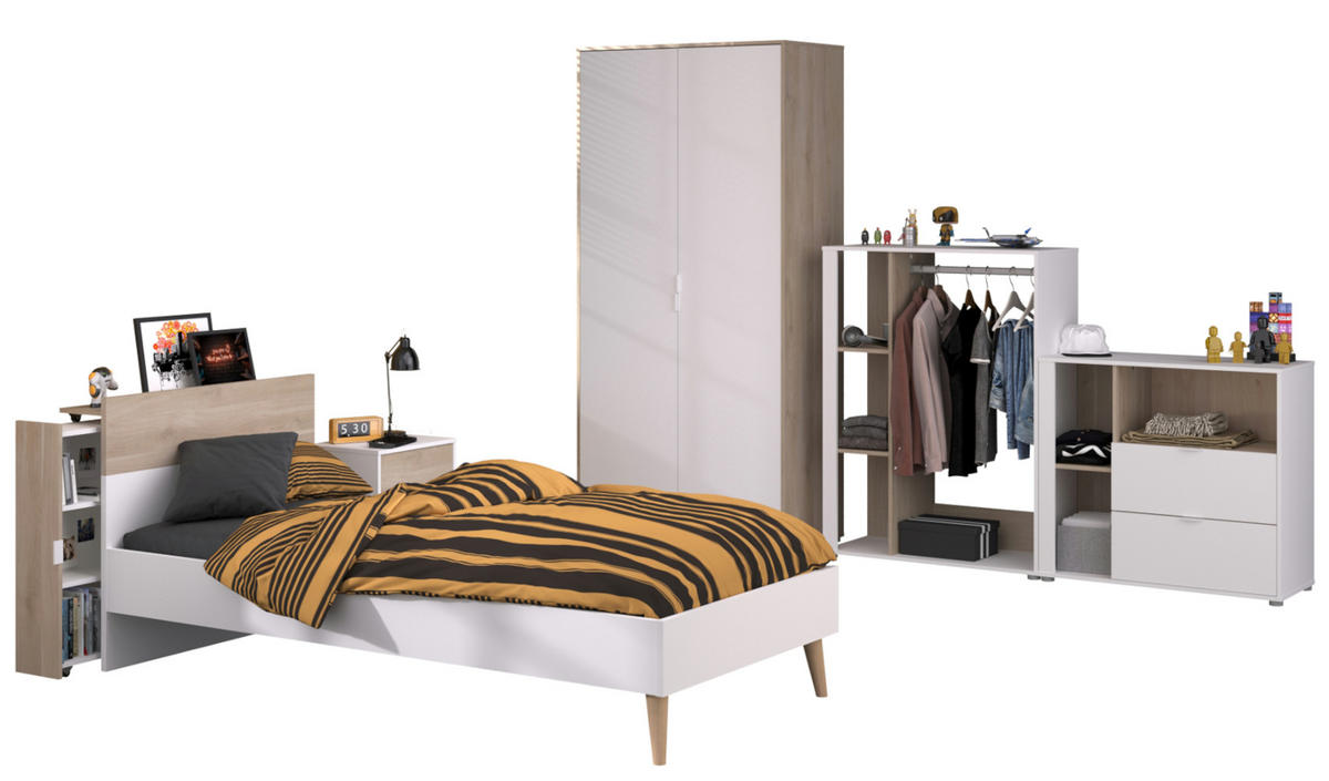 JUGENDZIMMER weiß, Eiche, Komplett-Set 6-teilig mit vielen Fächern - Eichefarben/Weiß, Holzwerkstoff (95/205/206cm) - Parisot Meuble