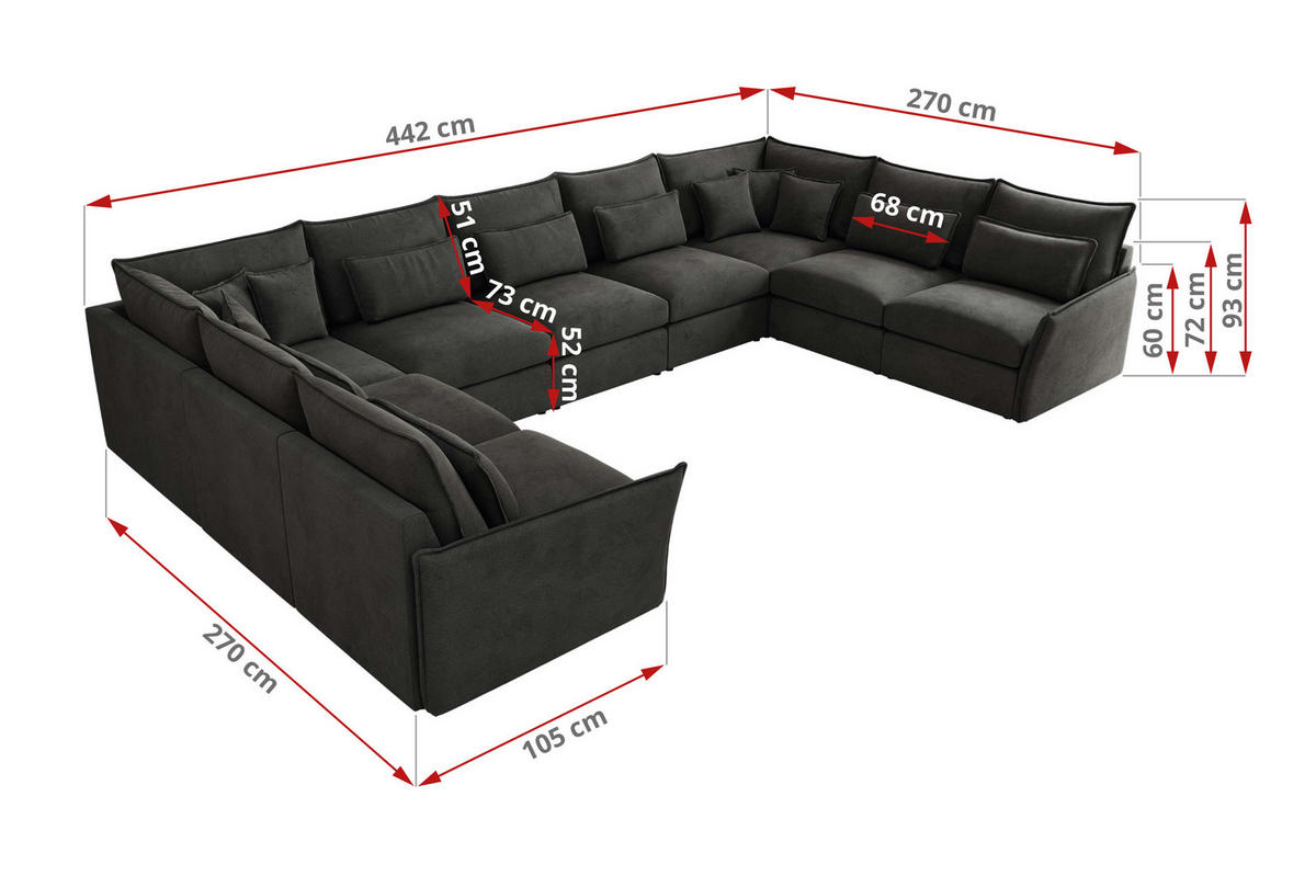 WOHNLANDSCHAFT VERSO U 9M Dunkelgrau Velvet - Dunkelgrau/Schwarz, Kunststoff/Textil (442/93/270cm) - MKS