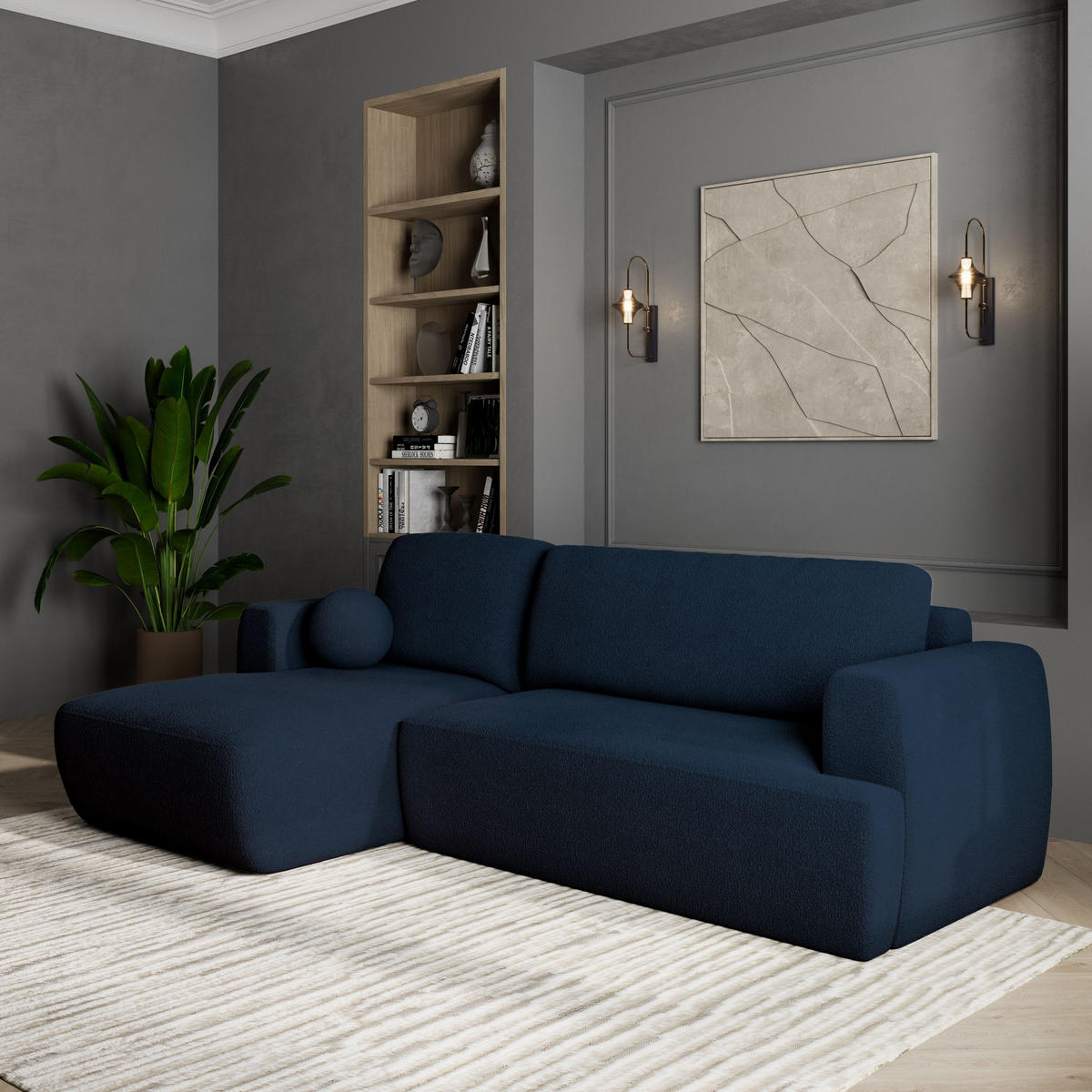 ECKSOFA SENTI N L-S Blau Boucle-Stoff mit Schlaffunktion - Blau, Holz (246/148cm) - MASSENO