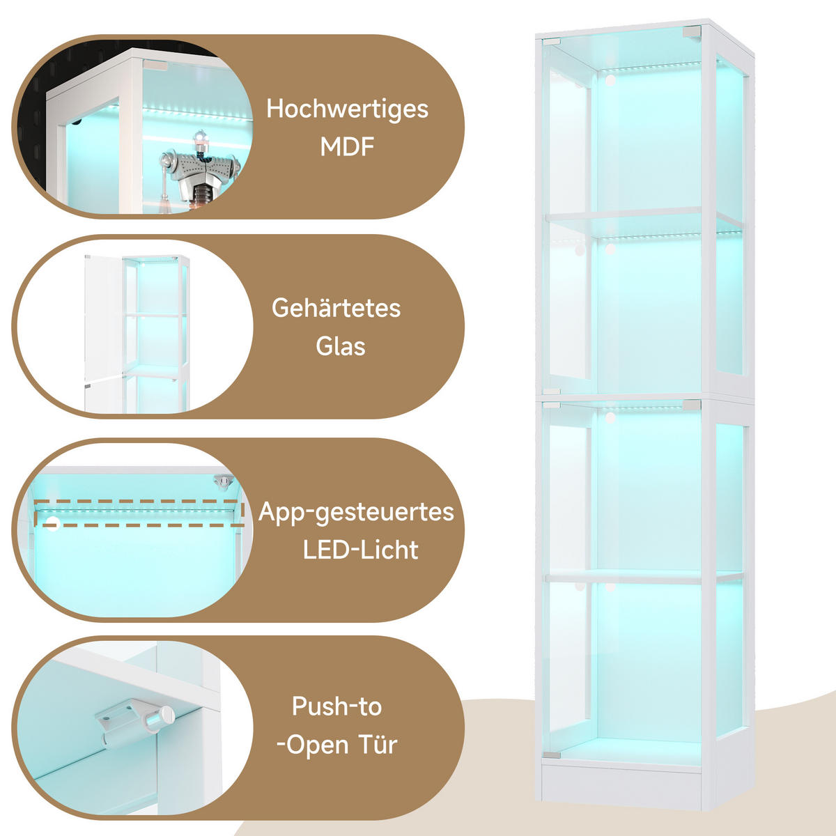 VITRINE Vitrinenschrank mit vier Ebenen Stauraum aus MDF und gehärtetem Glas, platzsparend, modern, Einzeltür Design - Weiß, Glas/Holzwerkstoff (40/170/35cm) - EVRYAE