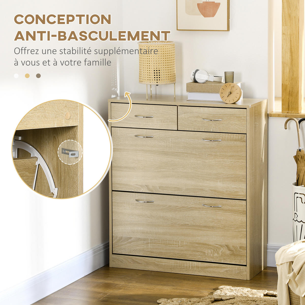 SCHUHSCHRANK DE-14988 2 Klapptüren & 2 Schubladen mit verstellbaren Böden Naturholz - Eichefarben, Holzwerkstoff (80/91.5/30cm) - ComfortXL