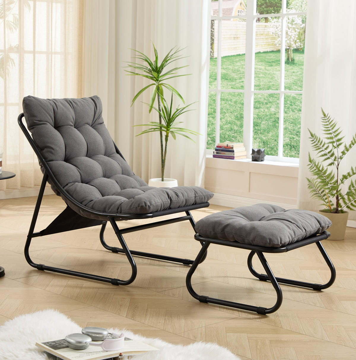 ZAHRADNÍ relaxační křeslo s podnožkou 65/78/86 cm šedočerné z oceli s polštářem - šedá, kov (66/14/82cm) - OKWISH