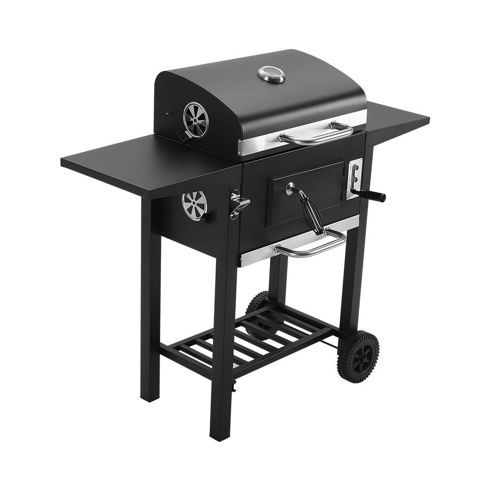 HOLZKOHLEGRILL aus Karbonstahl in Schwarz Tragbarer Outdoor BBQ 2 Seitentischen Temperaturbereich: 100-800°F 109 cm B × 46 cm T × 96,5 cm H - Schwarz, Metall (109/106.5/46cm) - Livingandhome