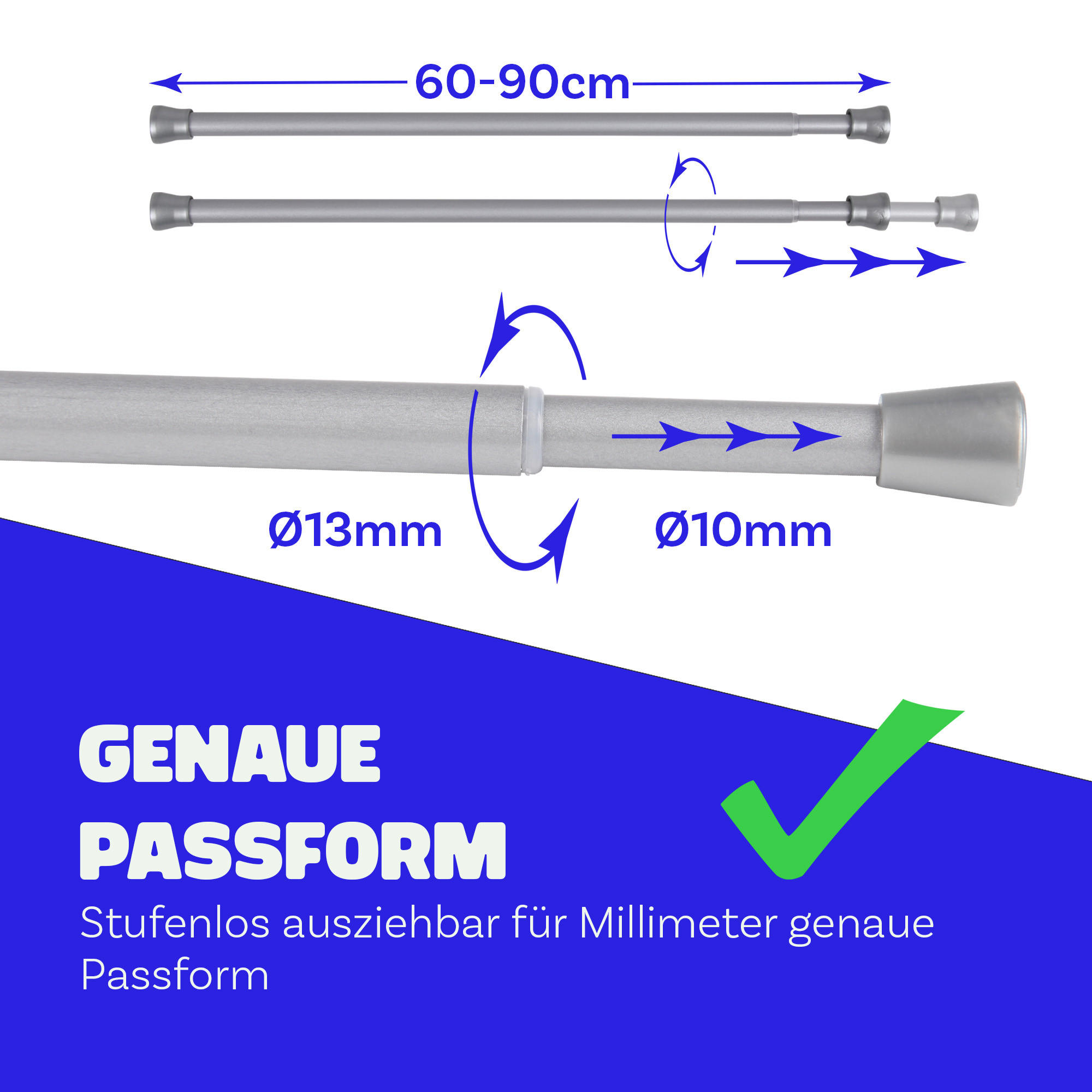 VERSTELLBARE Vorhangstange - Spannstange zum Klemmen Silber Ø10/13 mm 60-90 cm - Silberfarben, Metall (60cm) - Bestlivings
