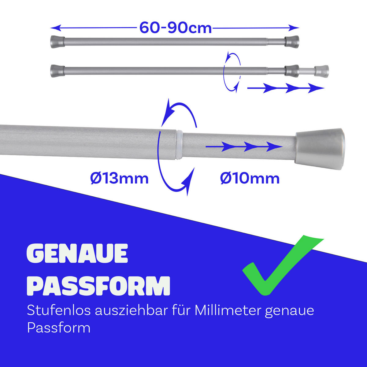 VERSTELLBARE Vorhangstange - Spannstange zum Klemmen Silber Ø10/13 mm 60-90 cm - Silberfarben, Metall (60cm) - Bestlivings