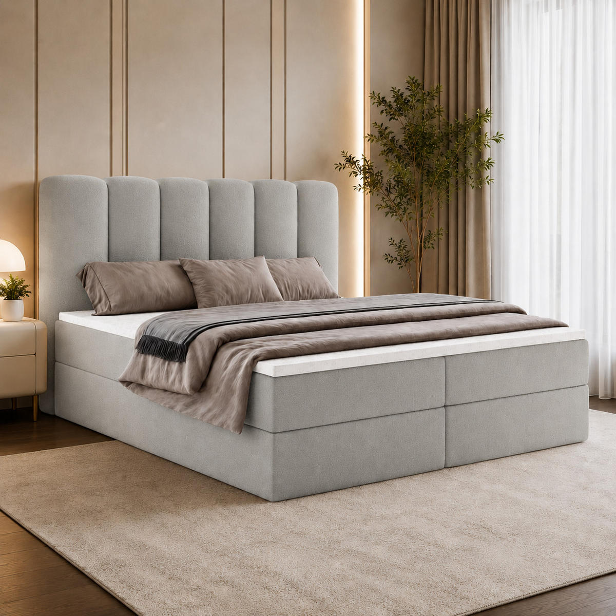 BOXBET NOLARO 160x200 cm Komplett-Set mit Bettkasten, Bonell-Matratze und Topper, Bouclé Hellgrau - Hellgrau, Textil (160/200cm) - Luxkor24