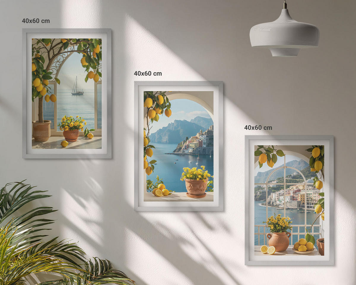 WANDBILDER 3er Set - 40x60 cm Silberner Rahmen - Zitronenblumen aus der Küstenstadt - Silberfarben, Kunststoff (40/60cm) - ArtPrintCave