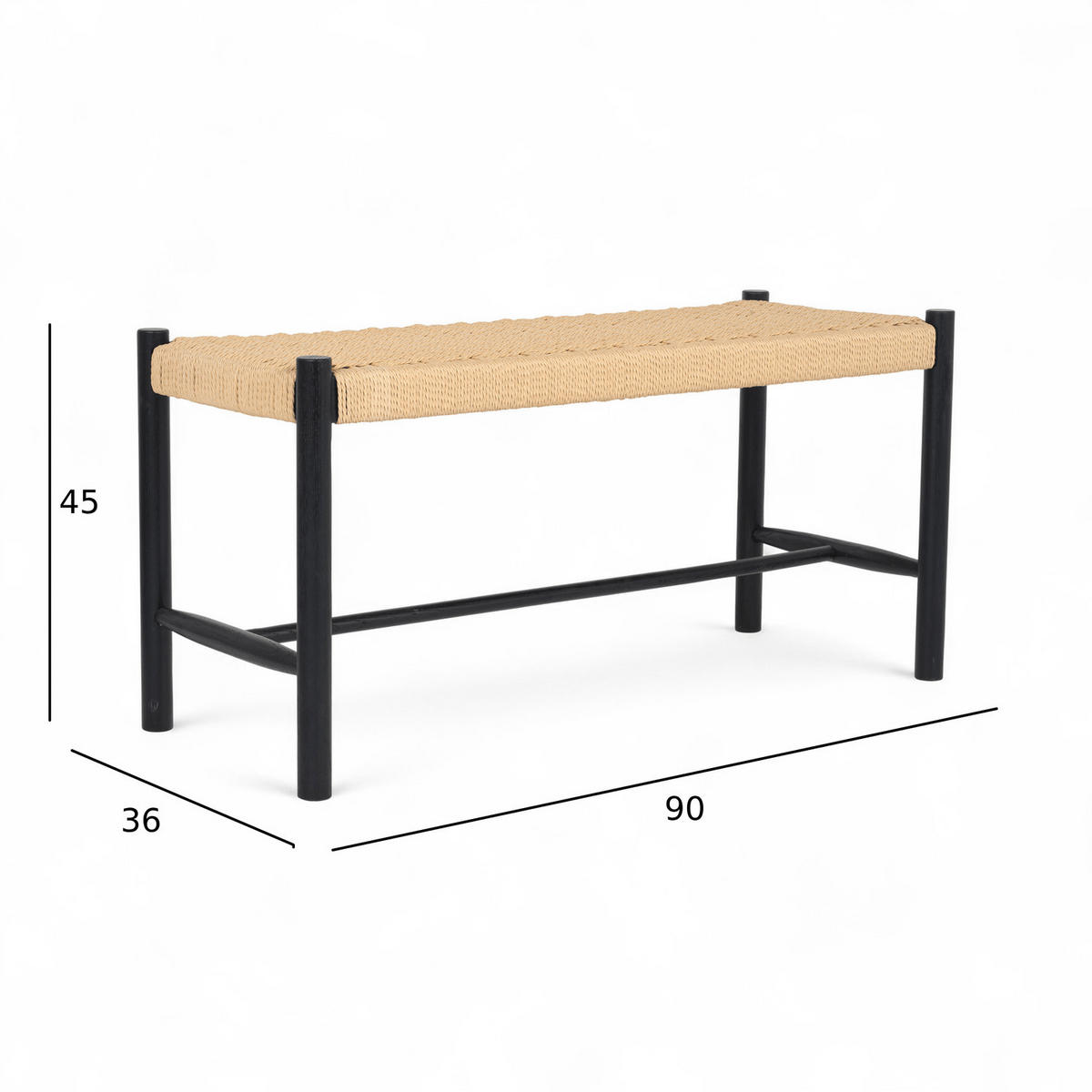 SITZBANK 90/36/45 cm Rattan / Eiche Schwarz - Beige/Schwarz, Holz/Papier (90/45/36cm) - Furnhouse