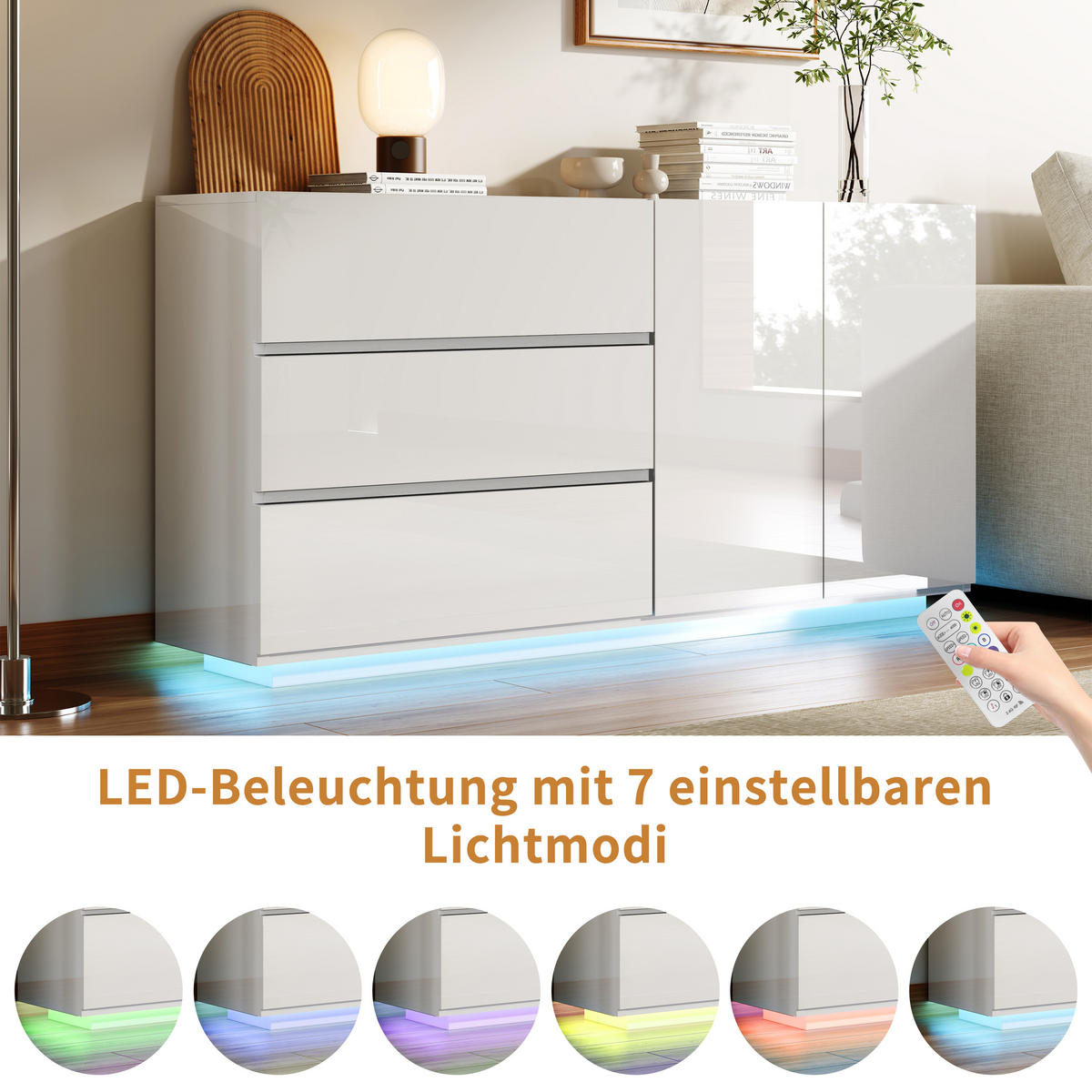 SIDEBOARD WEISS Hochglanz mit LED-Beleuchtung, 3 Schubladen & 2 Türen - Weiß, Holzwerkstoff (35/76/160cm) - SHOPENTRA