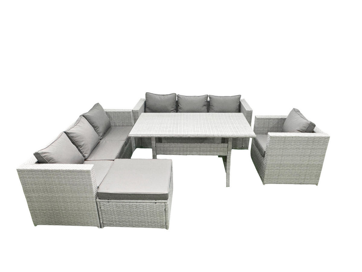 GARTENMÖBEL SET mit 3-Sitzer-Sofa und Sessel, Esstisch,Großer Fußhocker Polyrattan Hellgrau 8-Sitzer - Hellgrau/Grau, Glas/Kunststoff - Fimous