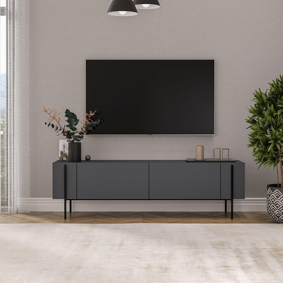 TV-MÖBEL mit 2 klappbaren Türen und Metallfüßen 31,4/160/45,6 cm - Anthrazit, Holzwerkstoff (31.4/45.6/36cm) - Calicosy