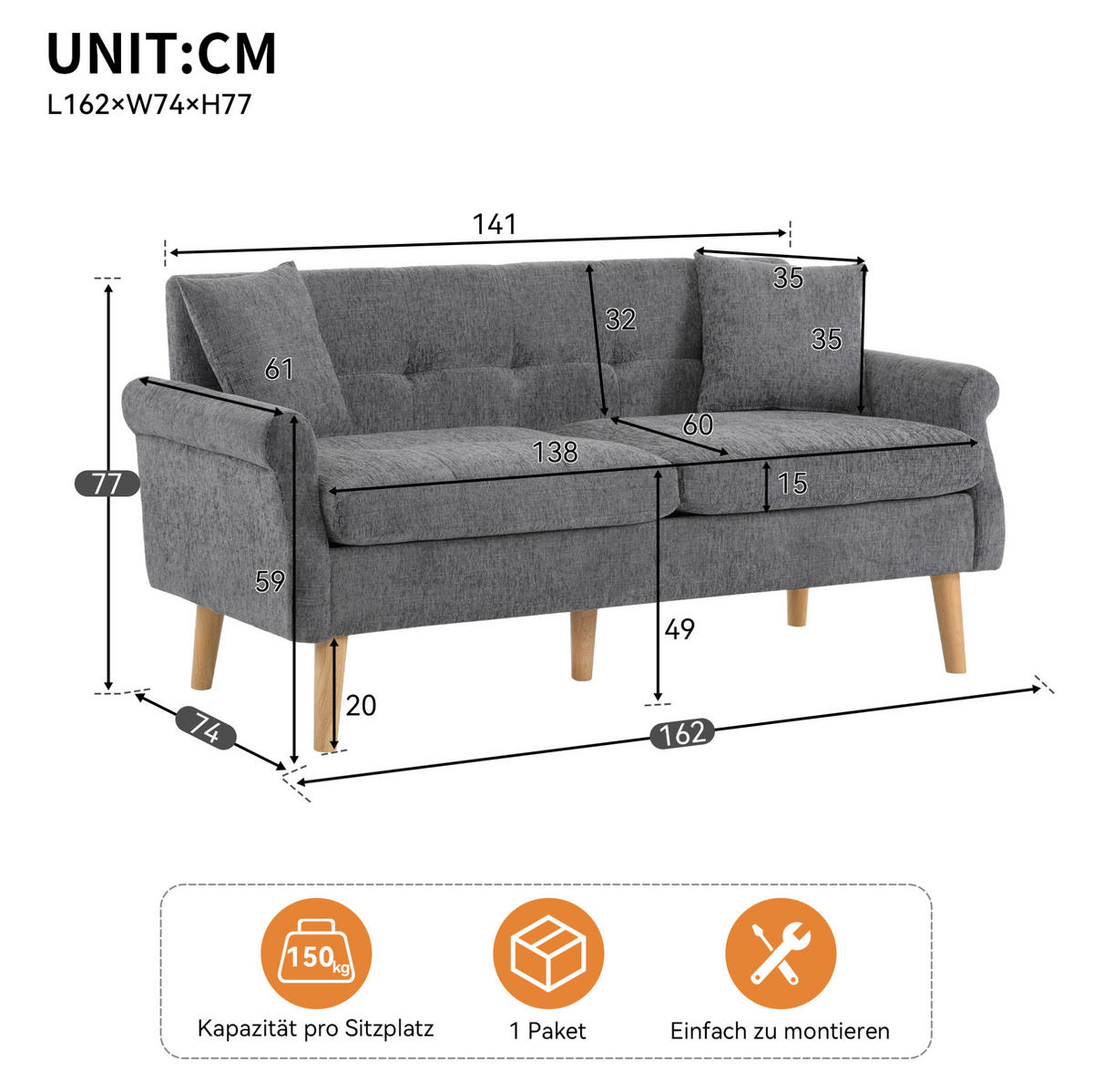 2-SITZER Sofa Chenille mit 15 cm Sitzkissen und Massivholzbeinen 162/74/77 cm Grau - Grau, Textil (77/162/74cm) - Redom