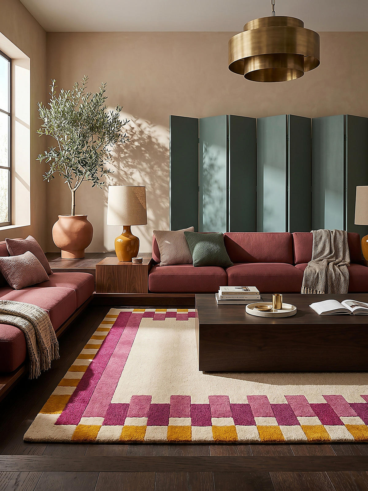 WOLLTEPPICH Geometrisches Muster, Rahmen, Wohnzimmer schmutzabweisend Rosa-Gelb Rechteckig 160x230 - Rosa, Textil (160/230cm) - KADIMA DESIGN