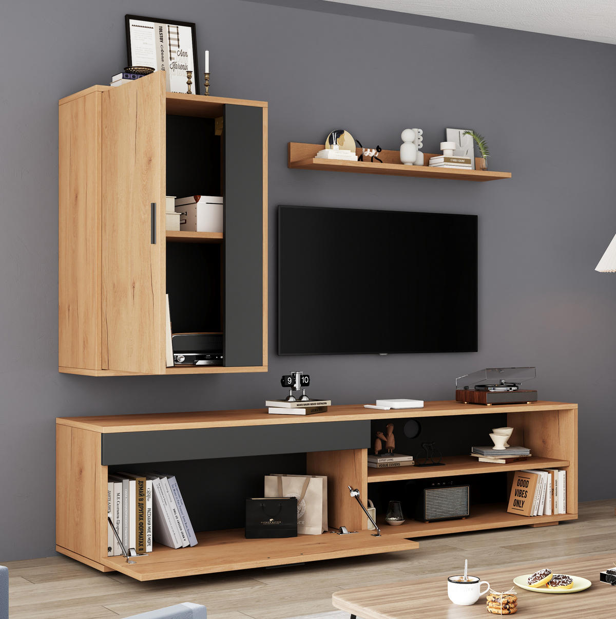 LOWBOARD TV-Möbel-Set 140/35/39 cm aus Spanplatte mit Sanftschluss-Scharnieren Eichefarben/Schwarz - Naturfarben, Holzwerkstoff (140/39/35cm) - Modenvie