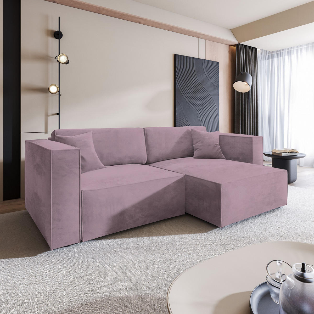 ECKSOFA NERIO M Lila Velours-Stoff mit Schlaffunktion - Lila, Holz (245/148cm) - MASSENO