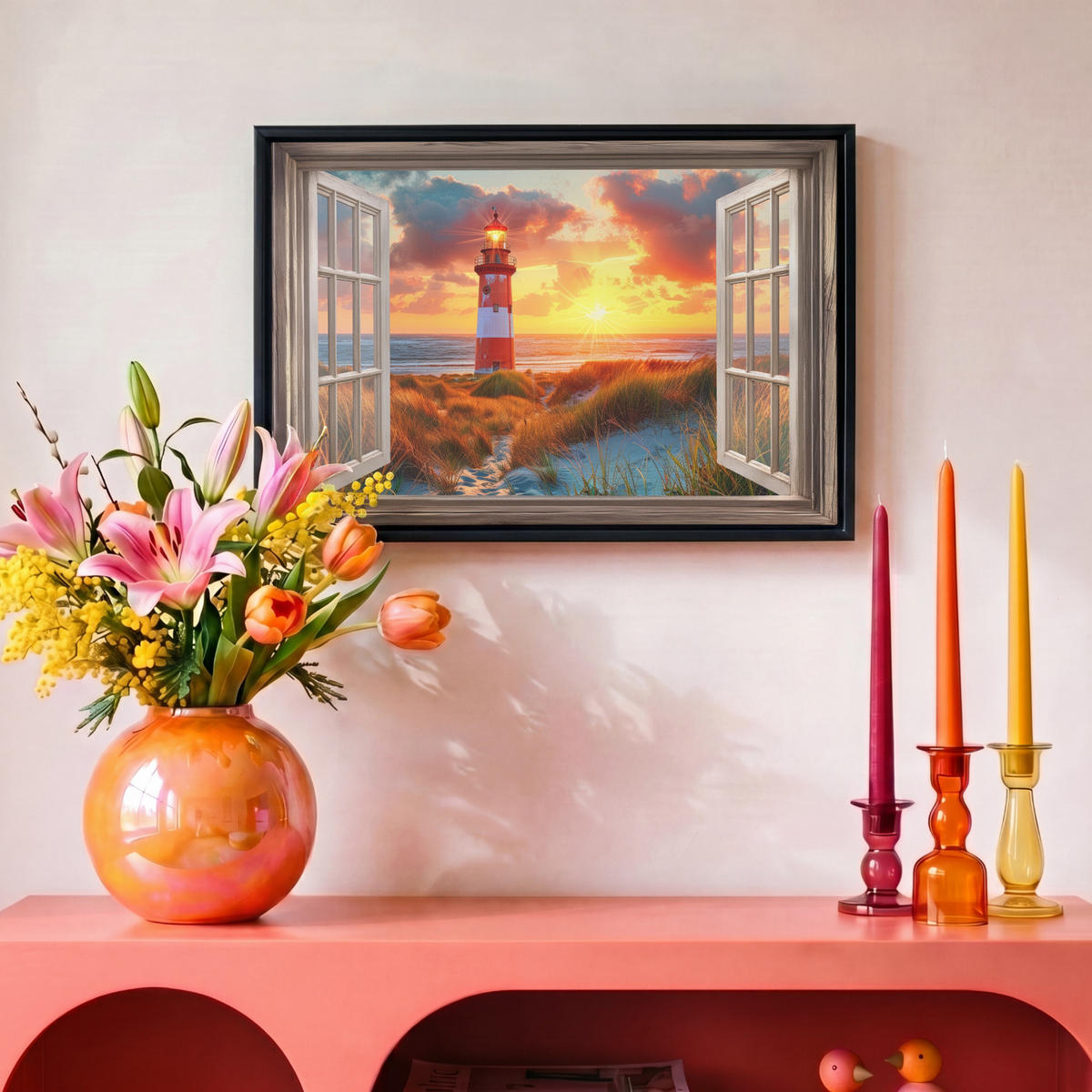 LEINWAND Bilder mit Rahmen - Aussicht - Fenster - Leuchtturm - Sonnenuntergang - Strand - 30x20 - Dunkelorange, Textil (30/20cm) - MuchoWow