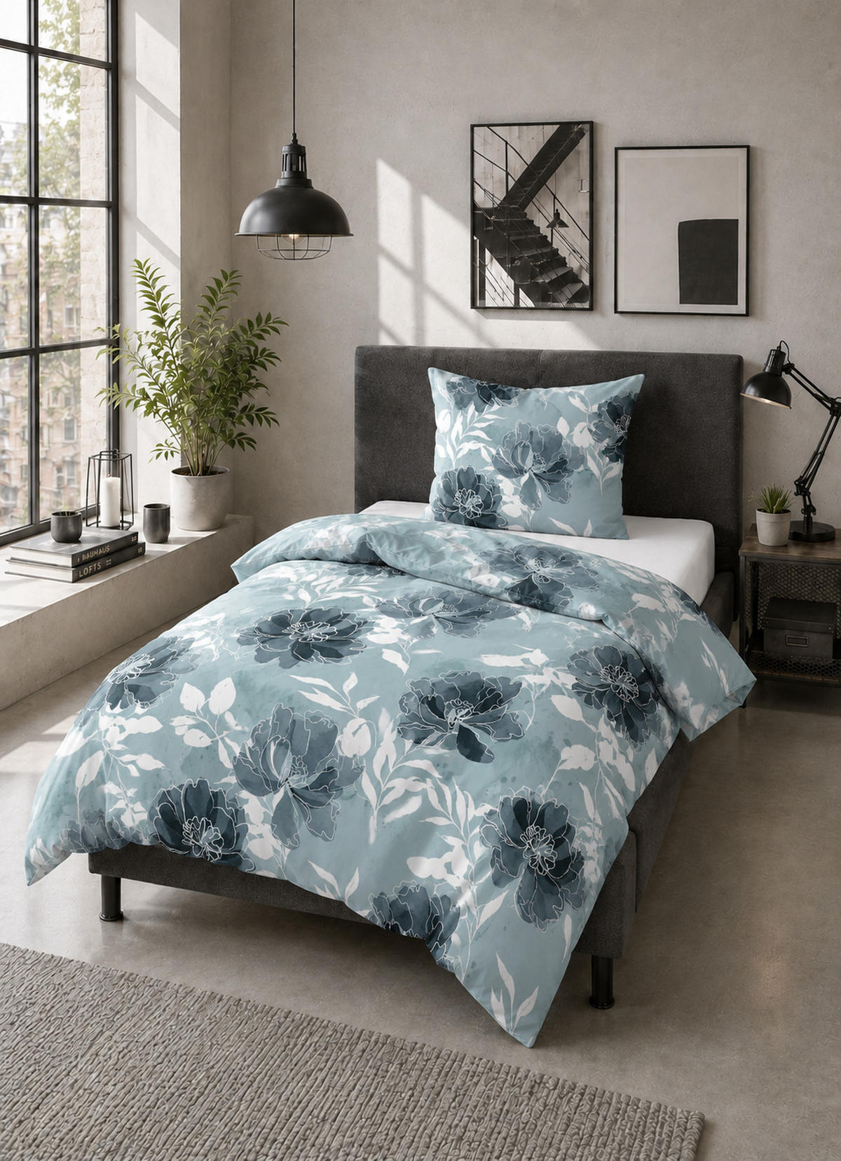 BETTWÄSCHE-GARNITUR Biber Floral petrol, 135x200 cm + 80x80 cm - Petrol, Textil (135/200cm) - Castell