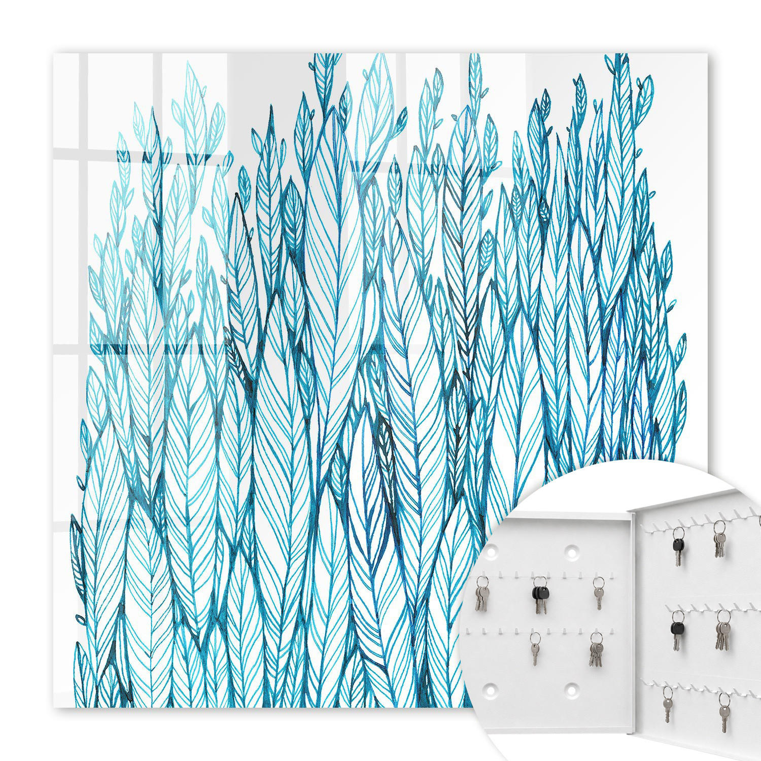 SCHLÜSSELBOX Weiß 30x30 cm – Türöffnung nach rechts - Laubige Eleganz - Blau, Metall (30/30/5cm) - TULUP