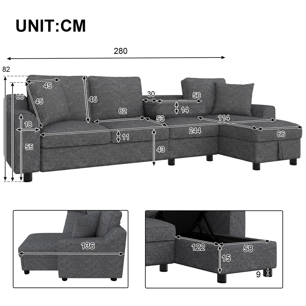 ECKSOFA 280/136/82 cm Grau mit aufklappbarem Stauraum und klappbare Rückenlehne mit Getränkehaltern - Grau, Textil (136/82/280cm) - Oxeza