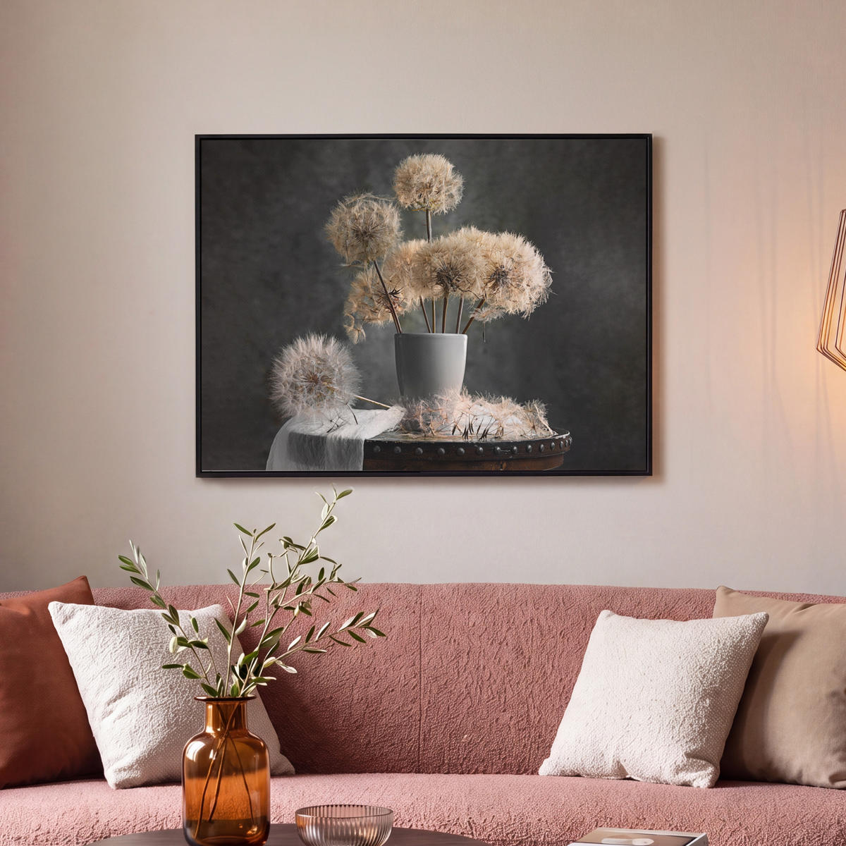 LEINWAND Bilder mit Rahmen - Blumensamen - Löwenzahn - Vase - Stilleben - Blumenstrauß - 80x60 - Dunkelgrau, Textil (80/60cm) - MuchoWow