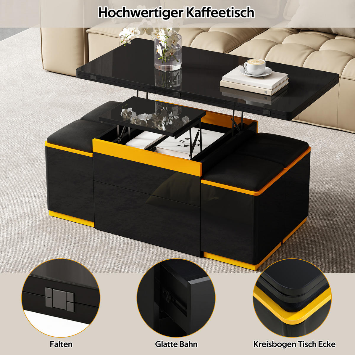 COUCHTISCH 100/50/43 cm höhenverstellbar und klappbar aus MDF und Holzwerkstoff mit Stauraum und 4 Hockern, Schwarz/Gelb - Schwarz, Holzwerkstoff (100/50/43cm) - Modfu