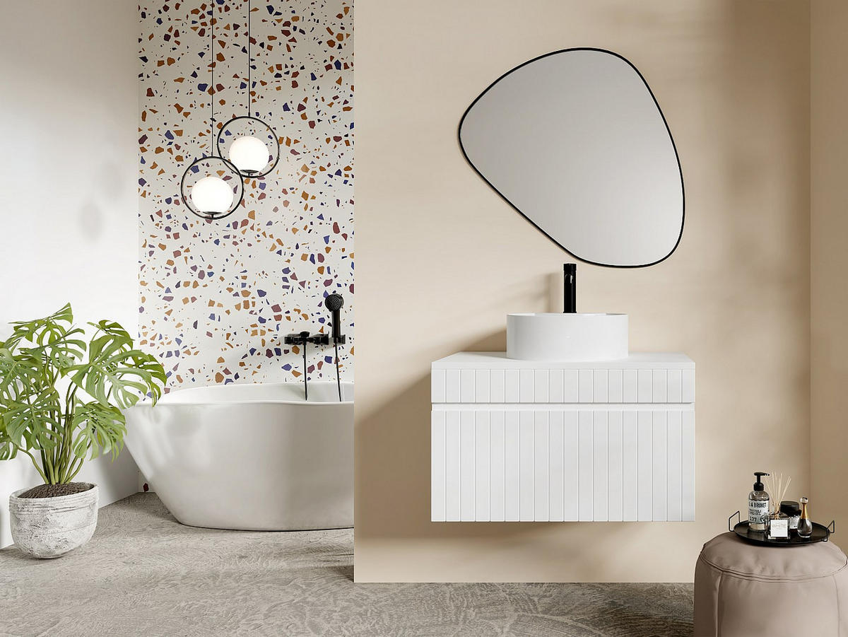 WASCHBECKENUNTERSCHRANK hängend mit Aufsatzplatte - Weiß gerippt - 80 cm - SATARA - Weiß, Holz (80/46/46cm) - Vente-Unique