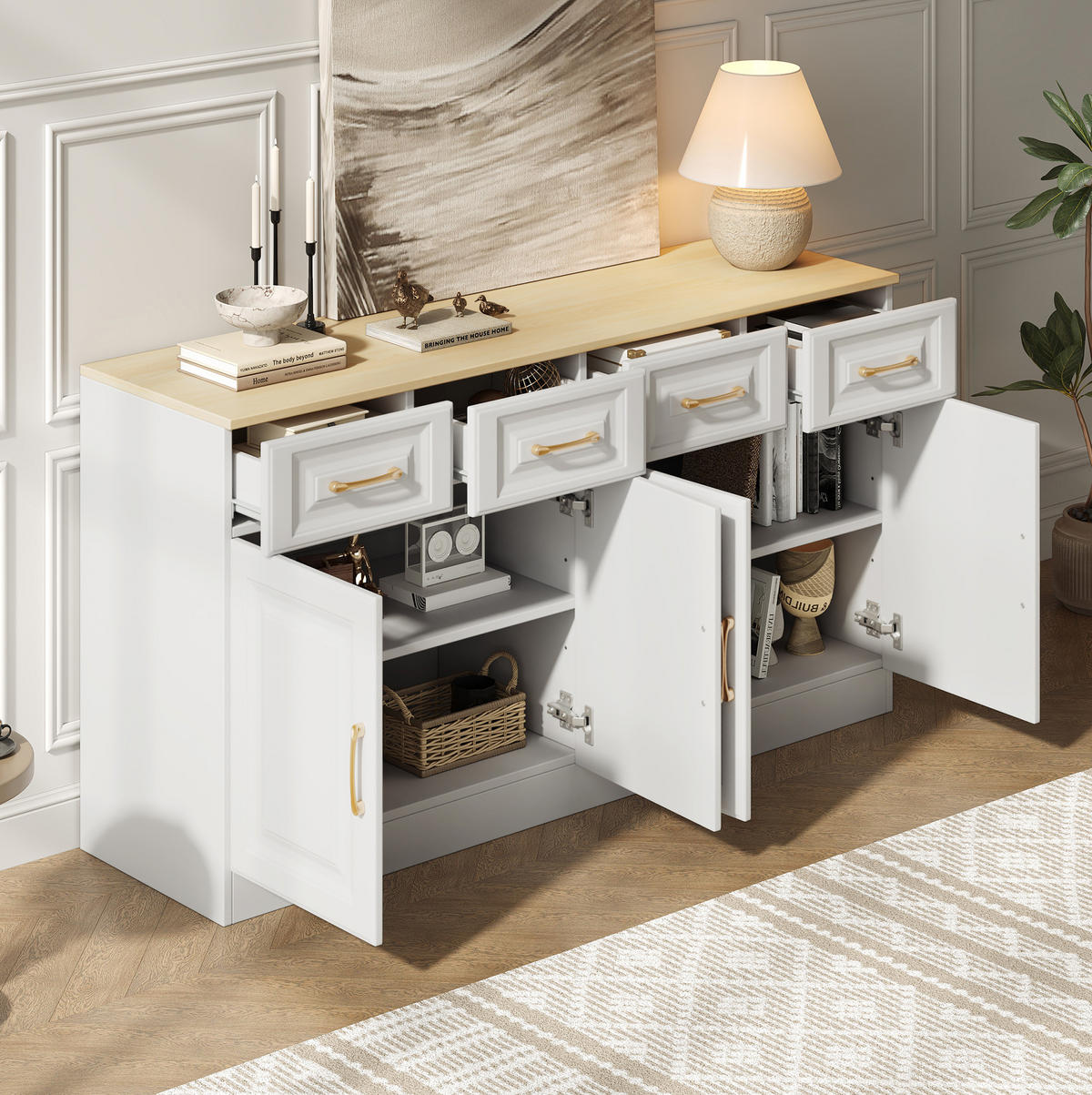 SIDEBOARD 140/40/75 cm weiß/eichefarben aus Spanplatte mit 4 Schubladen und 4 Türen - Weiß, Holzwerkstoff (140/75/40cm) - OKWISH