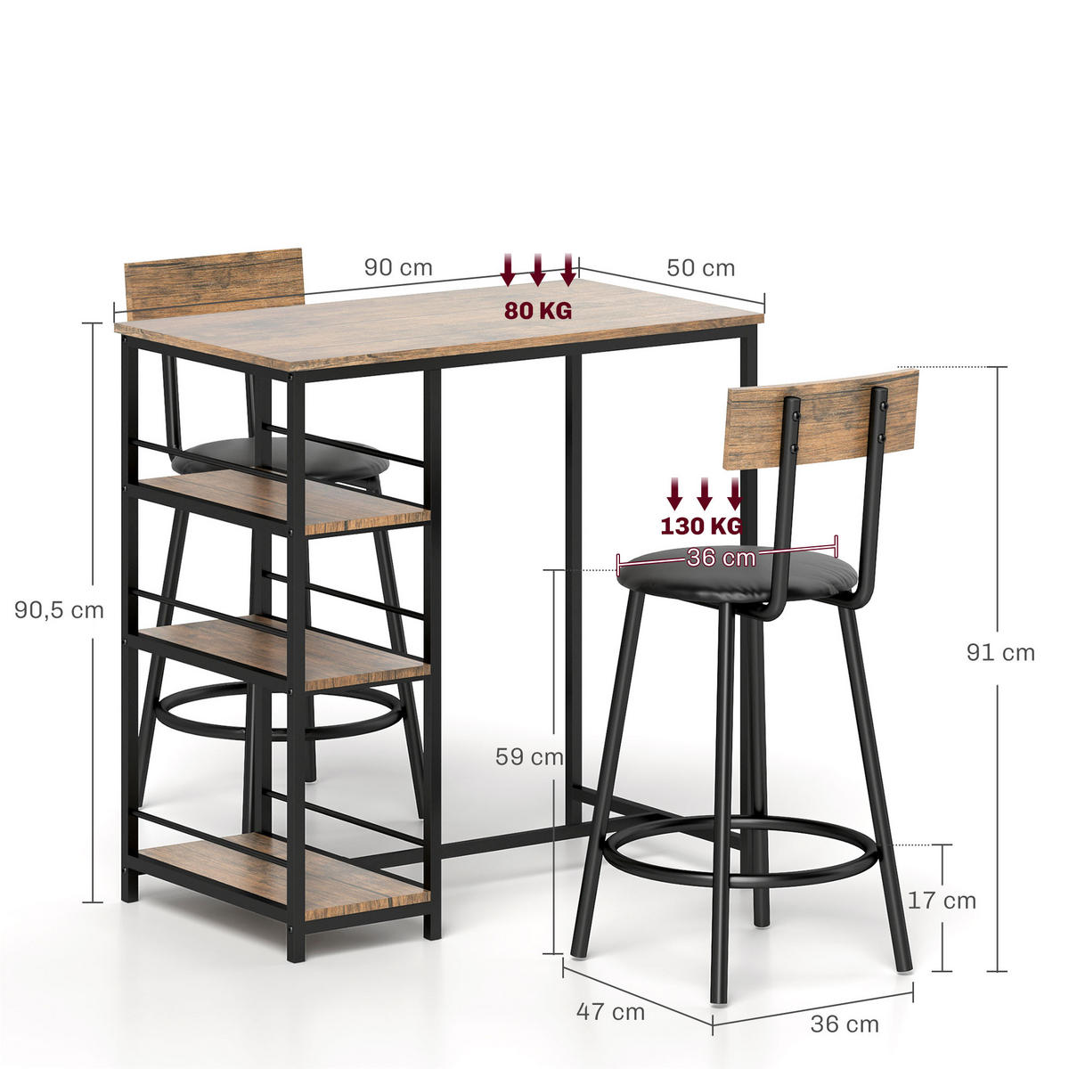 BARTISCH mit Barhocker Set, 3-tlg. Bartisch-Set mit Küchentisch, 2 Barstühlen - Naturfarben, Metall (50/90.5/90cm) - HOMCOM