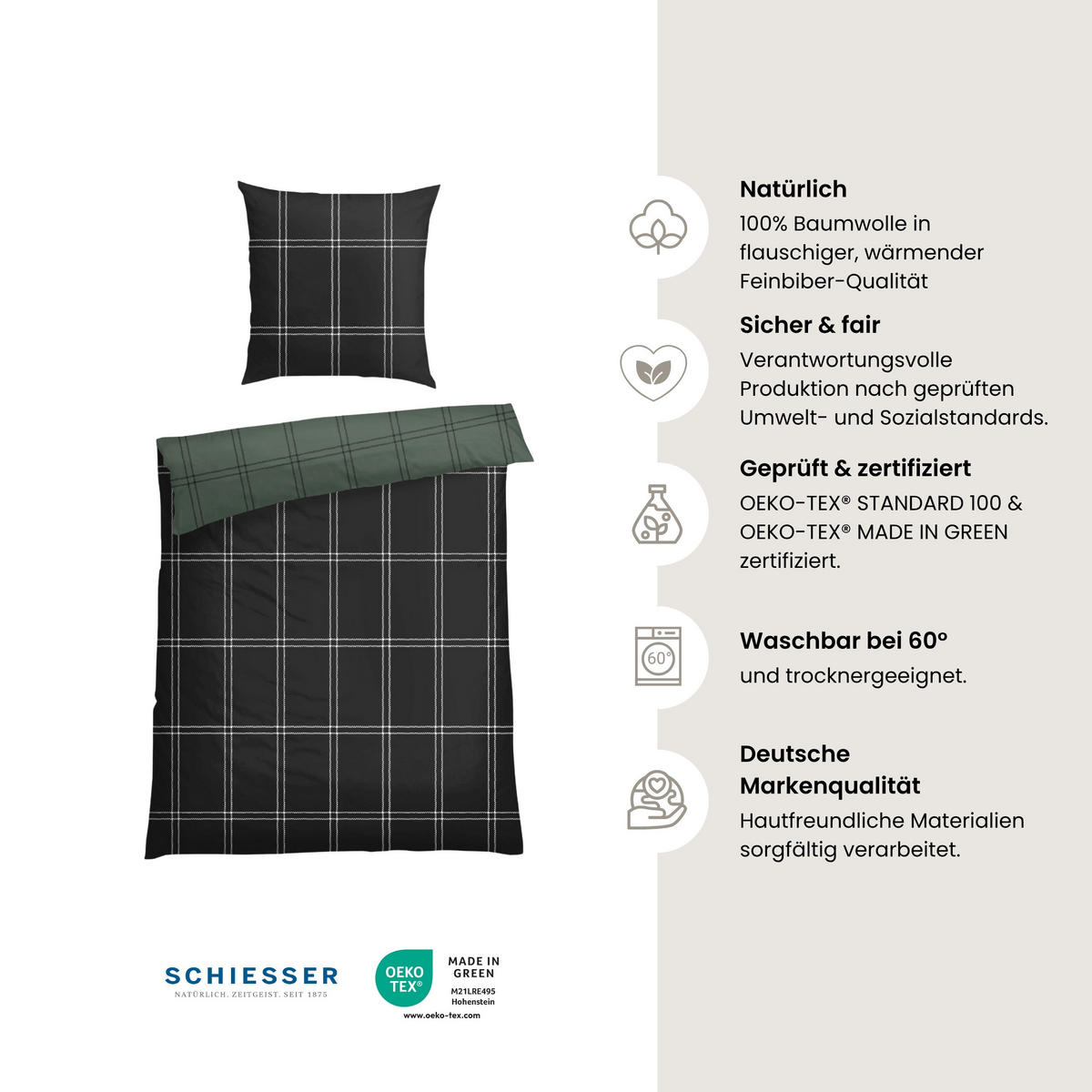 BETTWÄSCHESET Ellis - Feinbiber -2-teilig - 155 x 220 cm - Dunkelgrün - Dunkelgrün, Textil (155/220cm) - SCHIESSER