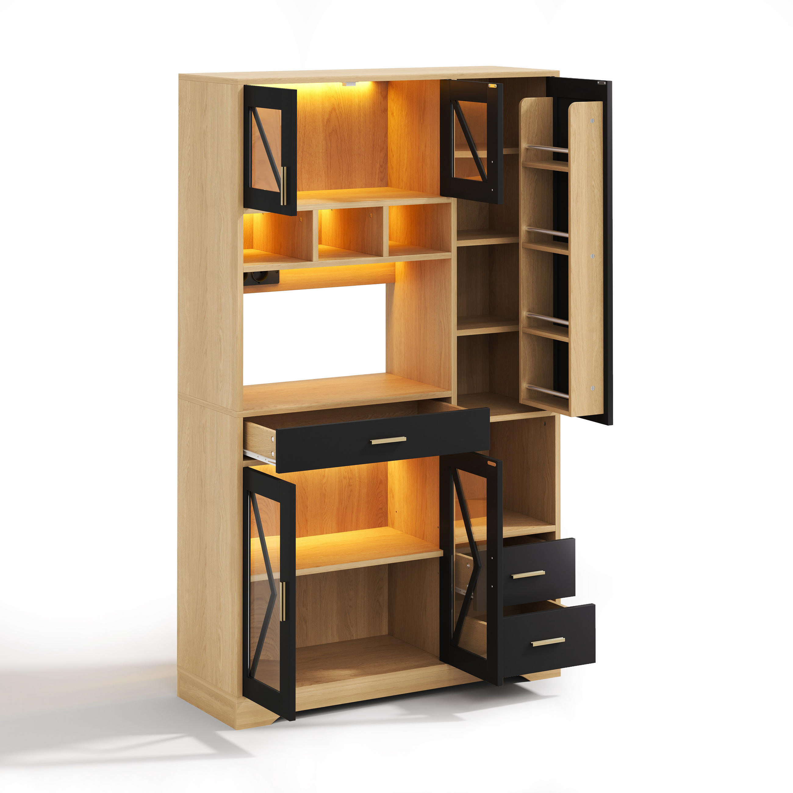 BUFFET 105/39/185 cm Schwarz mit farbwechselnder LED-Beleuchtung und 2 Schublade - Naturfarben, Holz (105/185/40cm) - Oxeza